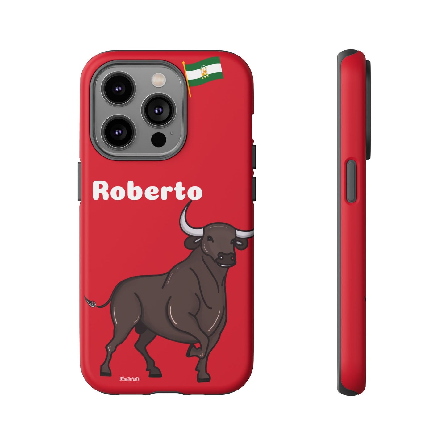 una funda de teléfono roja con un toro en ella