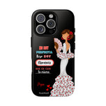 Personalised phone case flamenco dancer Pepa, white dress, with quote for iPhone 16 Pro, gloss finish – illustrArte