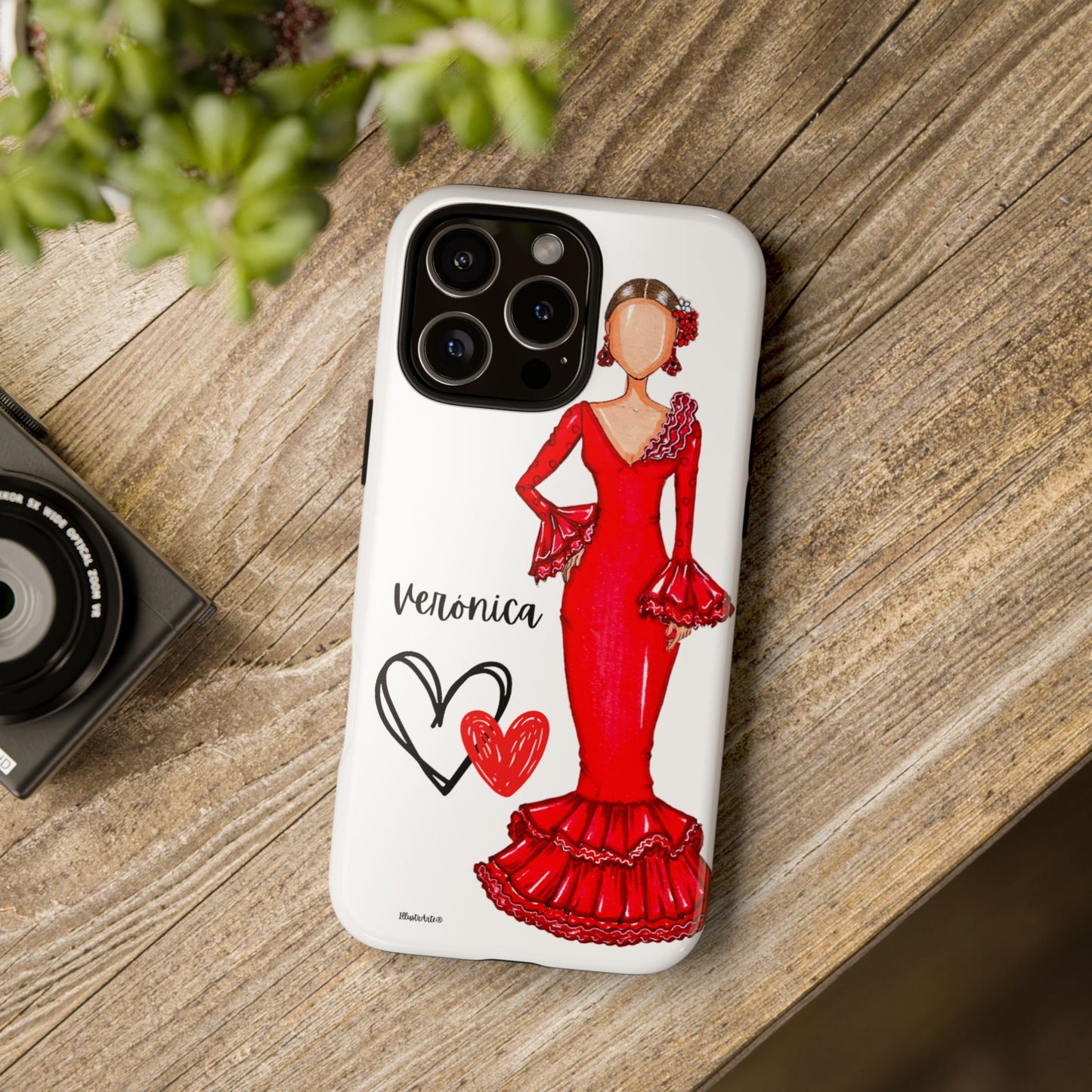 una funda de teléfono con una imagen de una mujer en un vestido rojo