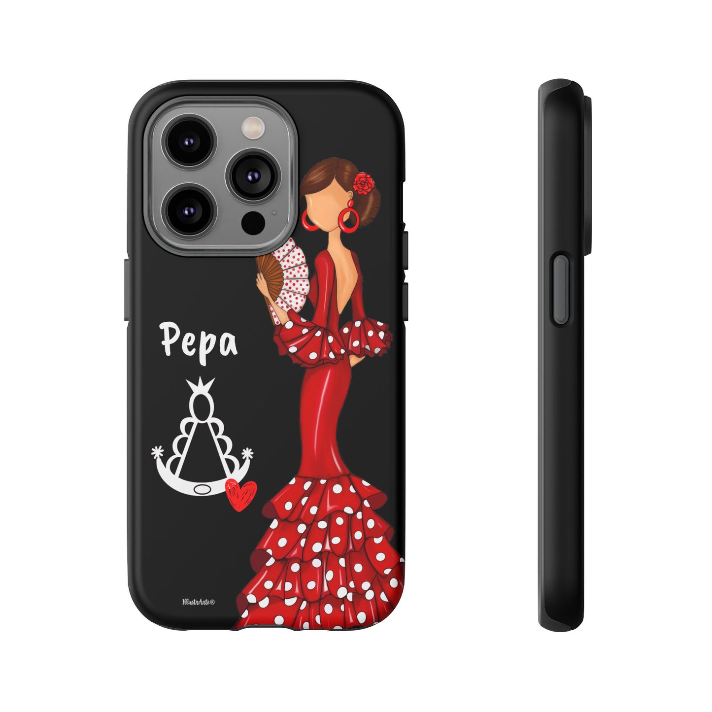 Personalized Pepa phone case on a black background with the Virgin Mary – for iPhone, Samsung, Pixel