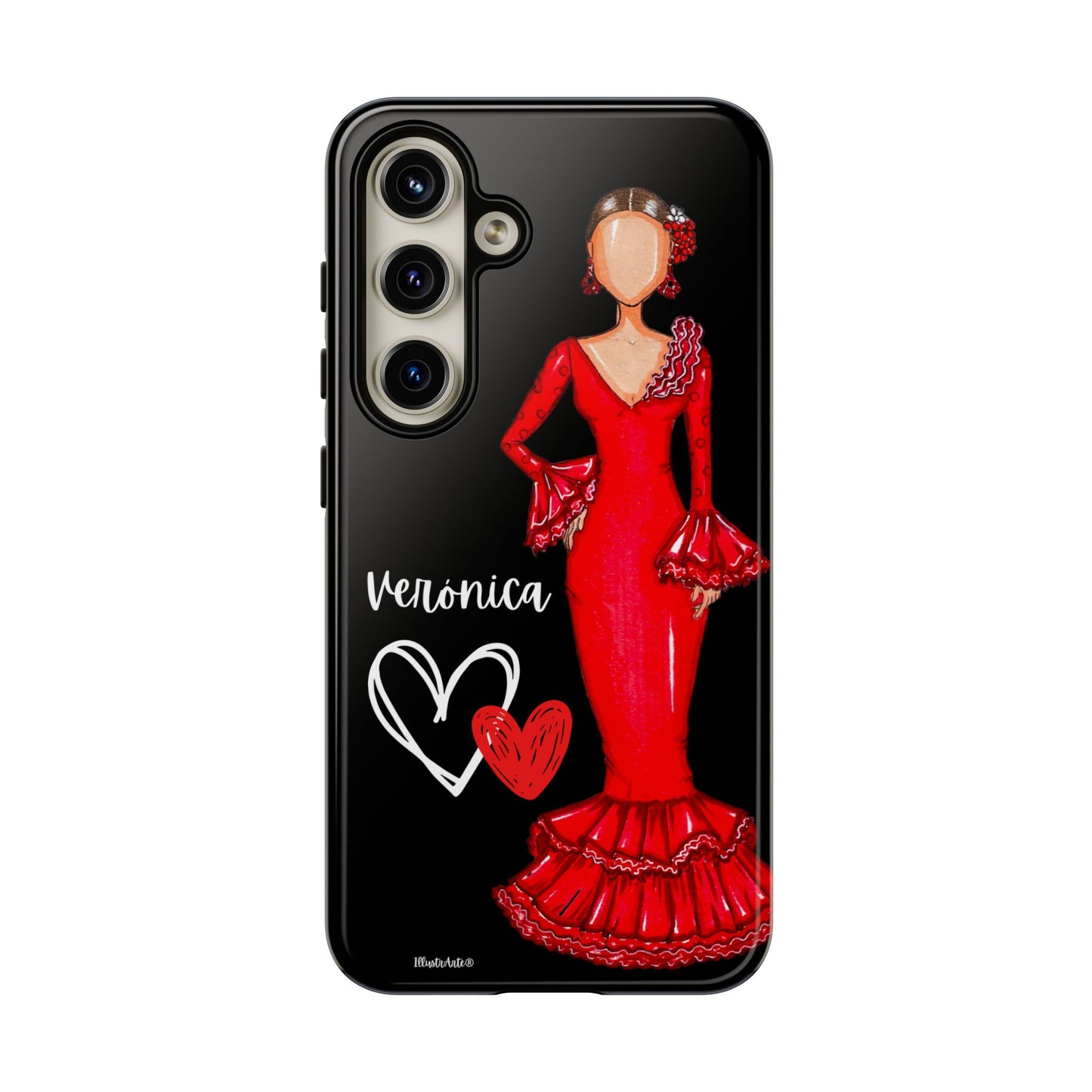 una funda de teléfono con una mujer con un vestido rojo