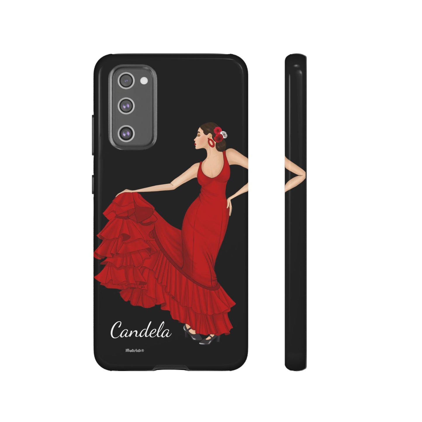 una funda de teléfono con una mujer en un vestido rojo