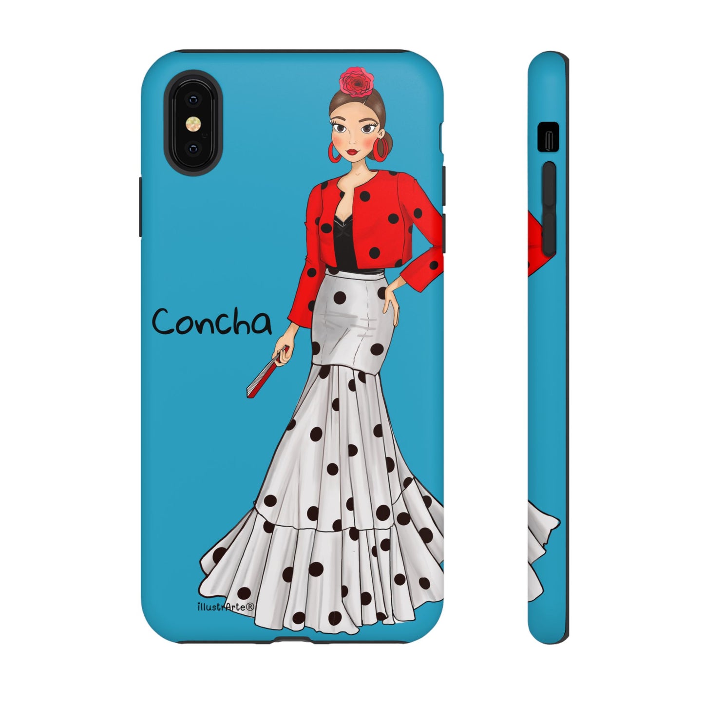 Funda de teléfono personalizada Modelo Conchita fondo azul, mostrando detalles que la hacen especial.