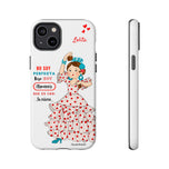 Personalised phone case flamenco dancer Lolita, with quote for iPhone 14 Plus, gloss finish – illustrArte