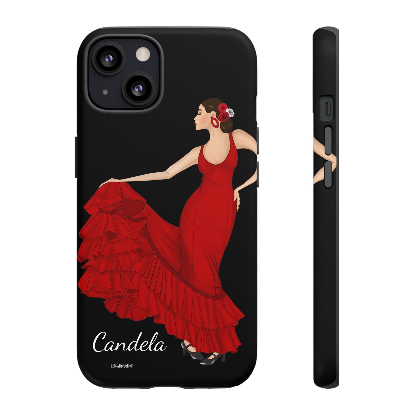 una funda de teléfono con una imagen de una mujer en un vestido rojo