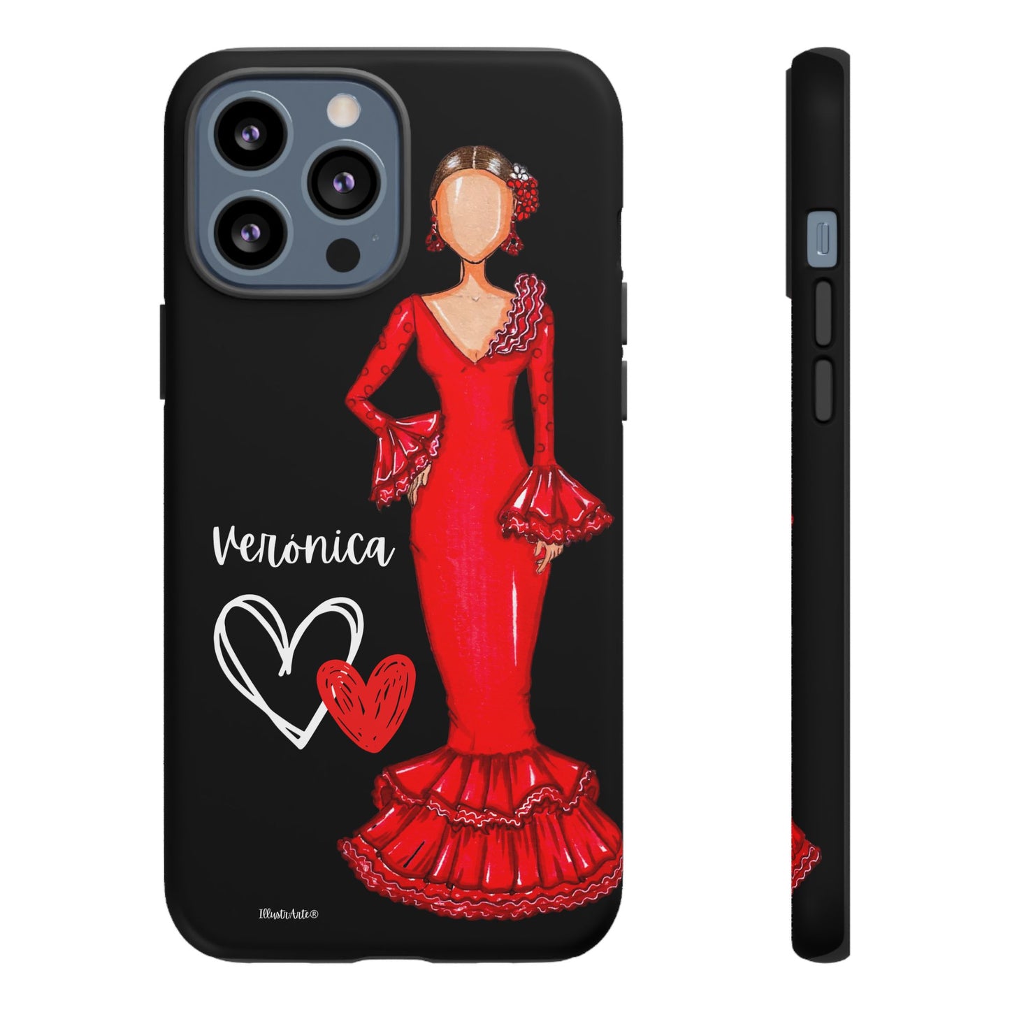 una funda de teléfono con una mujer con un vestido rojo