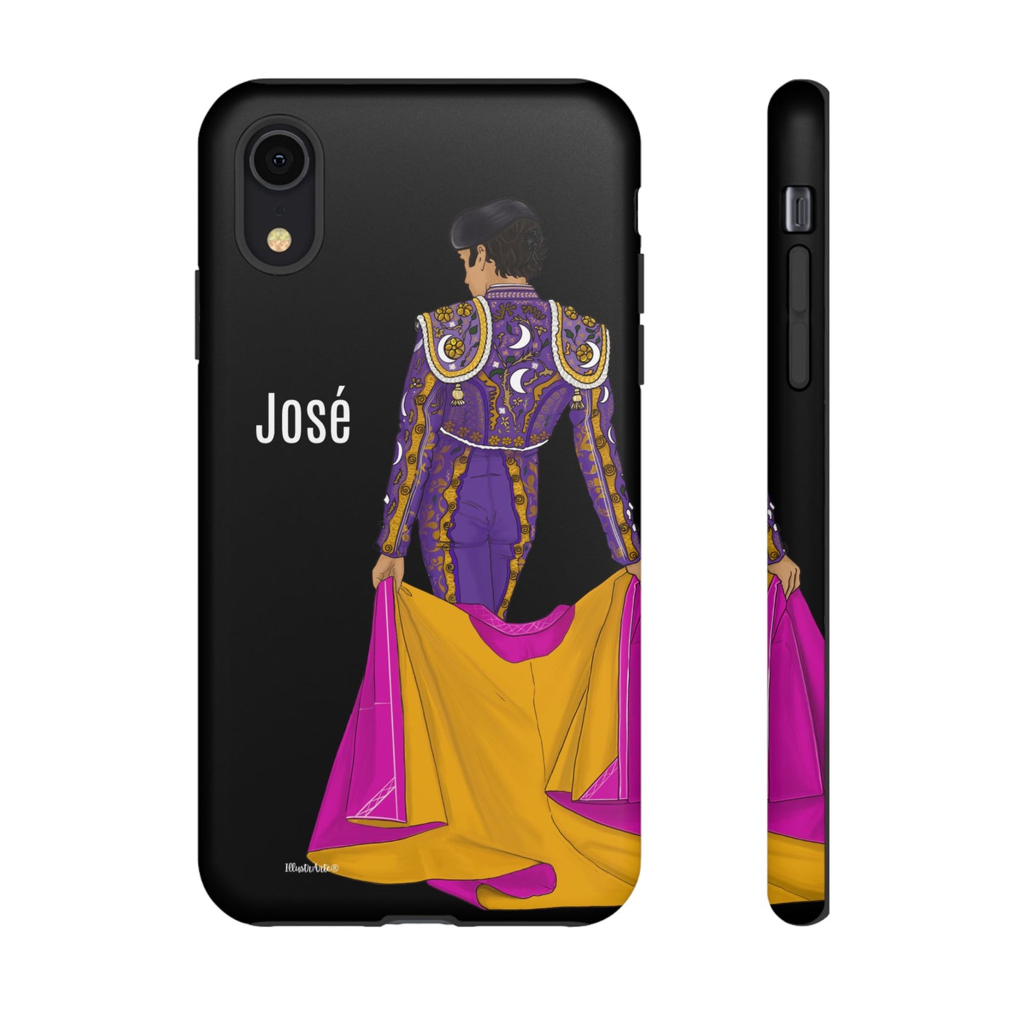 una funda de teléfono con un dibujo de una mujer en un traje morado y amarillo