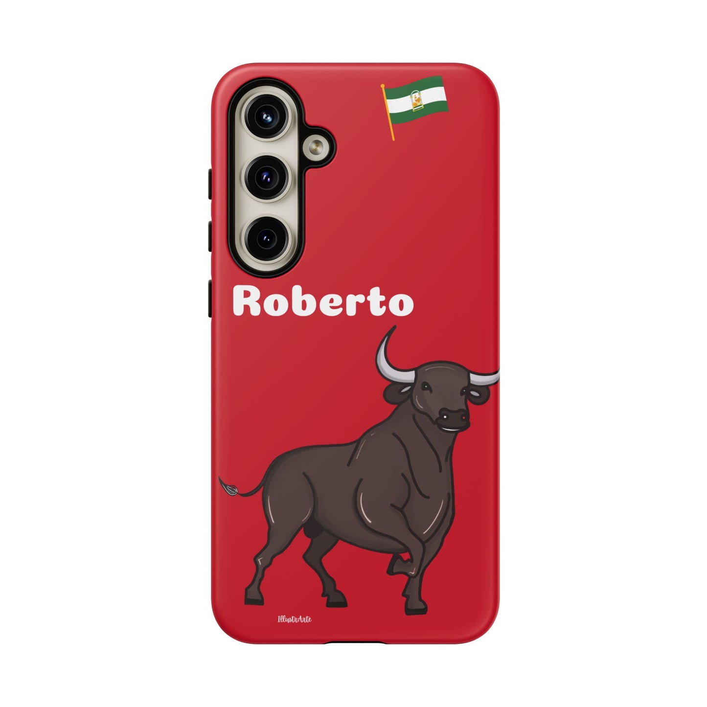 una funda de teléfono roja con un toro en ella