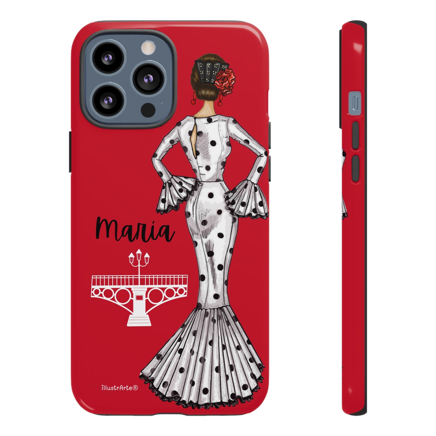 Fondo blanco con la funda de teléfono personalizable, diseño de flamenca María, perfecta para iPhone, Samsung y Google Pixel.