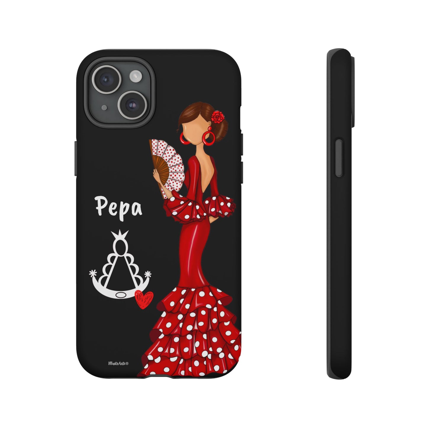 Personalized Pepa phone case on a black background with the Virgin Mary – for iPhone, Samsung, Pixel