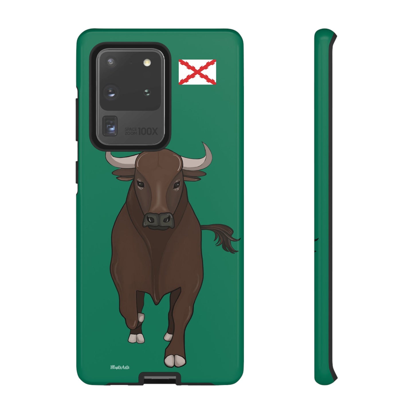 una funda de teléfono con una imagen de un toro en ella