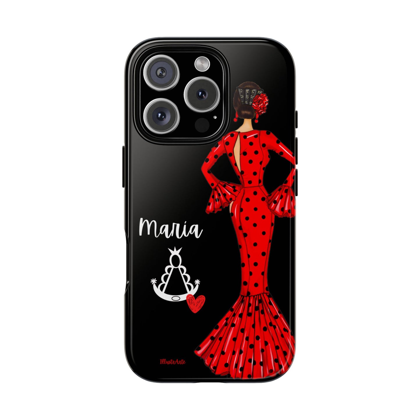 una funda de teléfono con una mujer en un vestido rojo