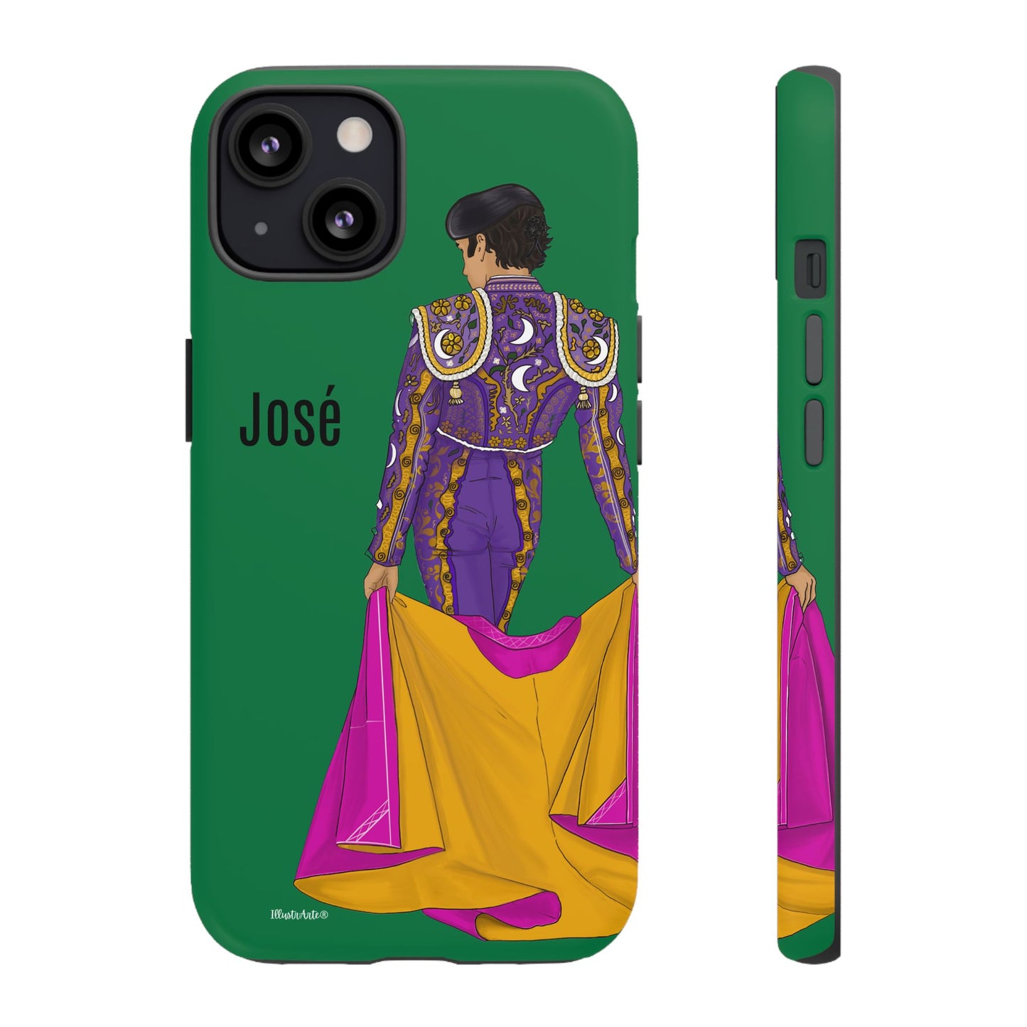 una funda de teléfono con una imagen de una mujer en un atuendo púrpura y amarillo