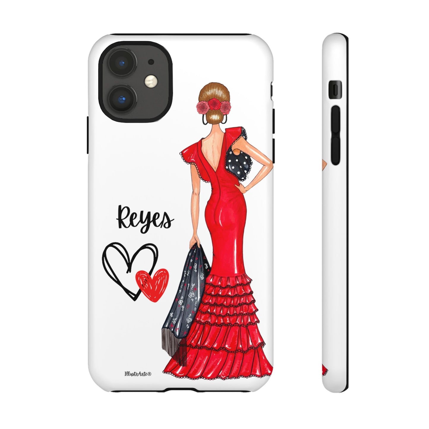 una funda de teléfono con una mujer en un vestido rojo