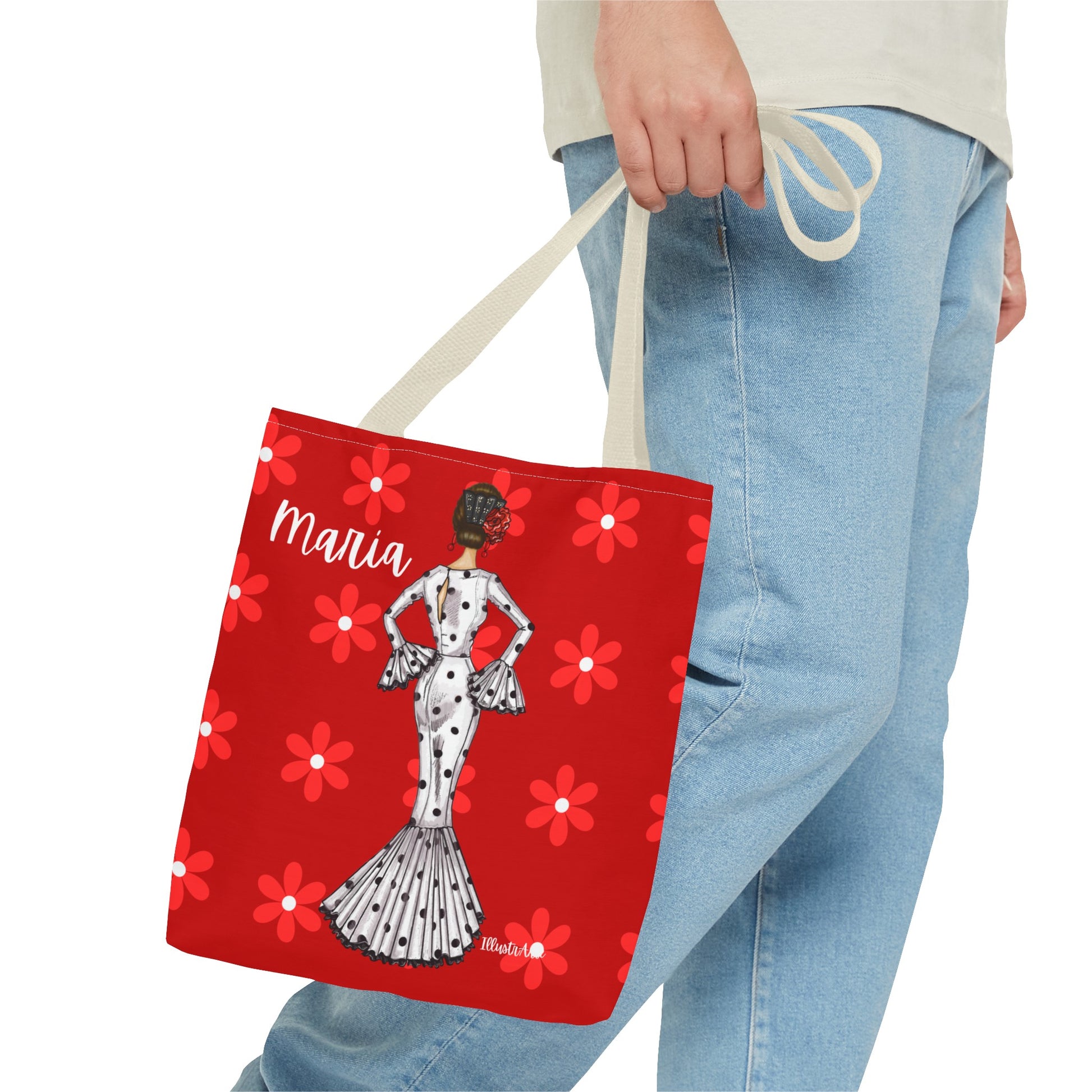 a woman carrying a red shopping bag with a picture of a woman on it