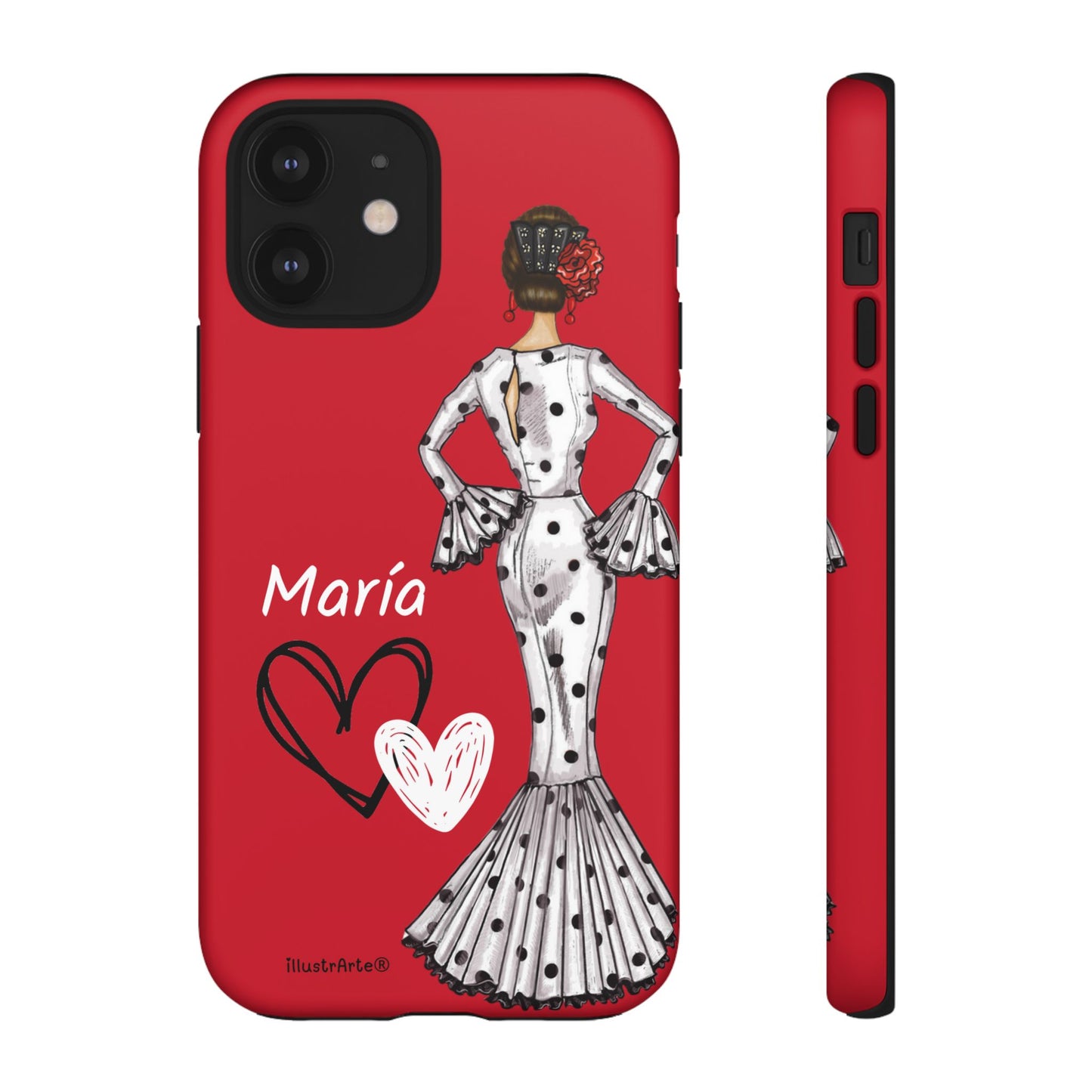 Personalized Maria phone case, white with red hearts background – for iPhone, Samsung, Pixel
