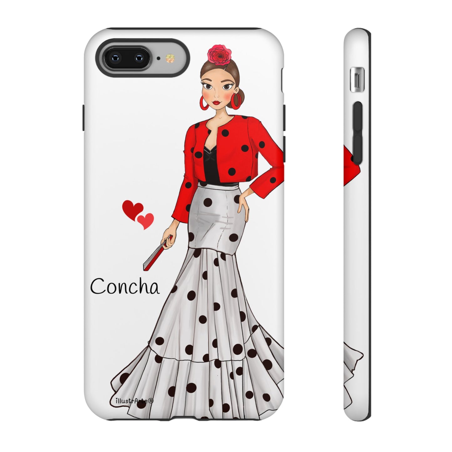 Fondo blanco y diseño único de la funda de teléfono personalizable modelo Conchita, resalta su elegancia.