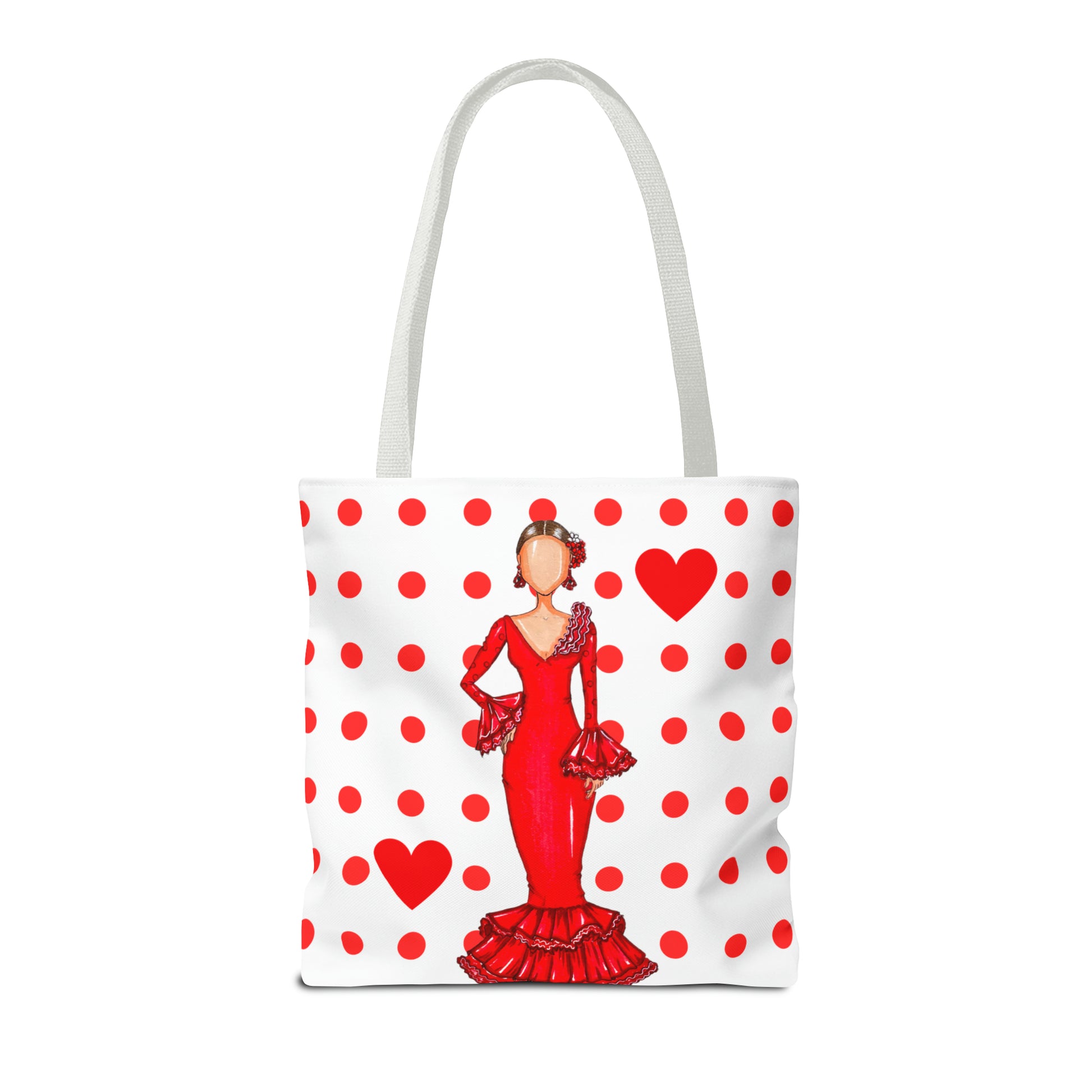 a red and white polka dot bag with a woman in a red dress