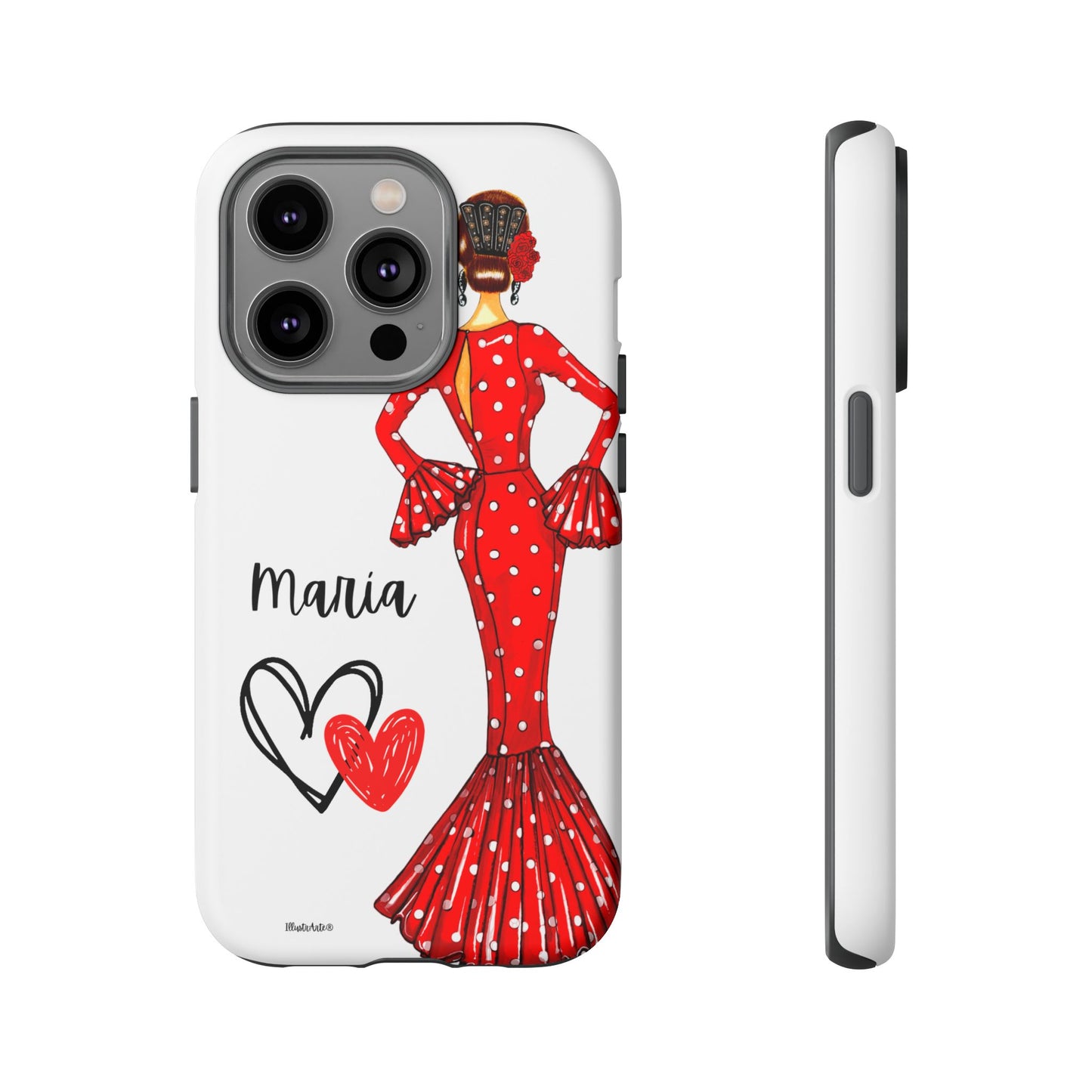 una funda de teléfono con una mujer en un vestido rojo