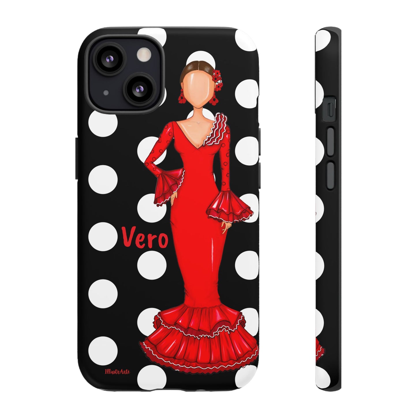 una funda para teléfono con una mujer en un vestido rojo