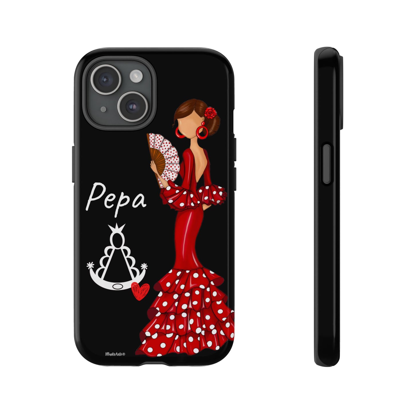 una funda de teléfono con una mujer en un vestido rojo