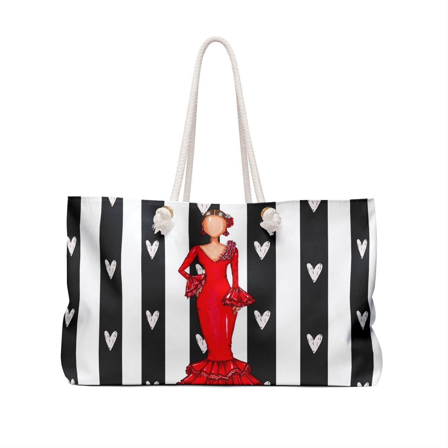 a black and white striped bag with a woman in a red dress