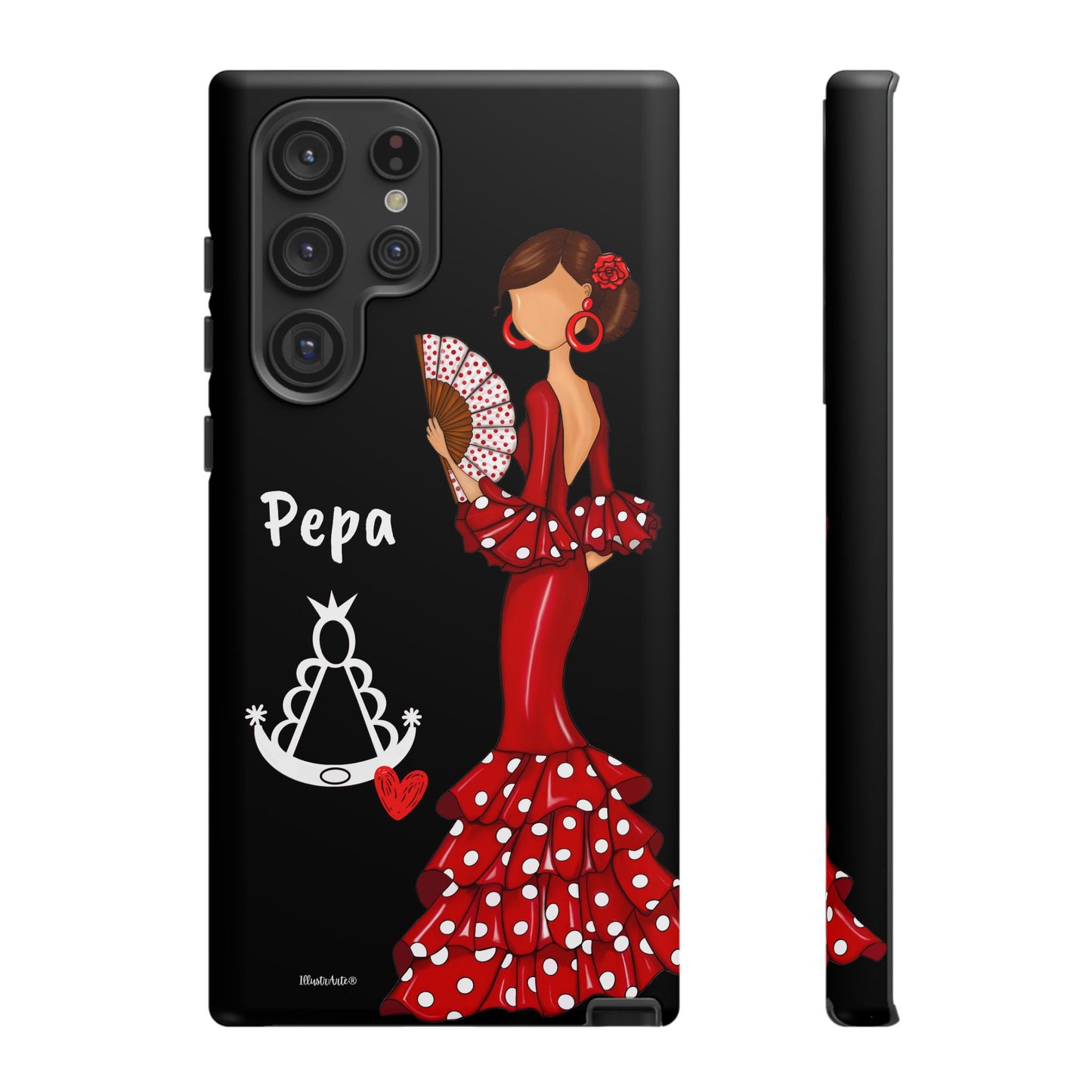 Personalized Pepa phone case on a black background with the Virgin Mary – for iPhone, Samsung, Pixel