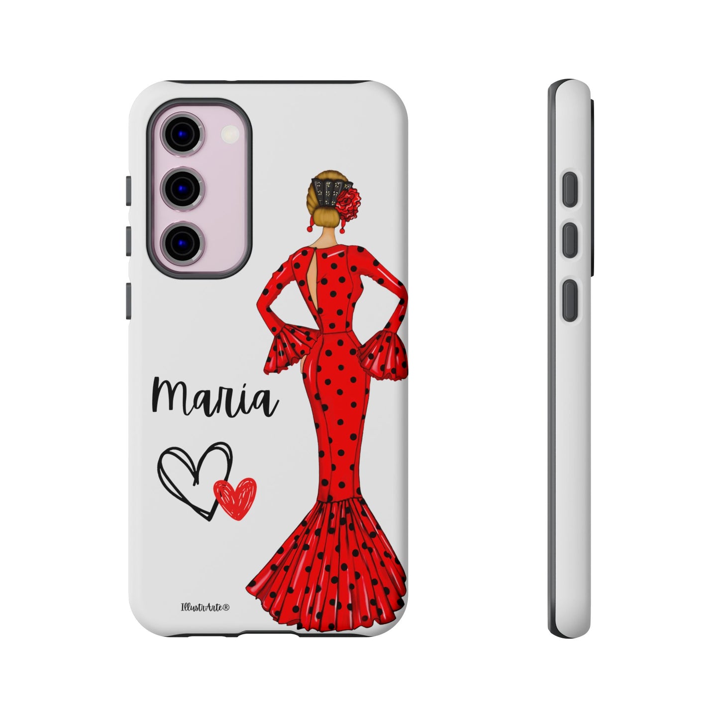 una funda de teléfono con una mujer en un vestido rojo