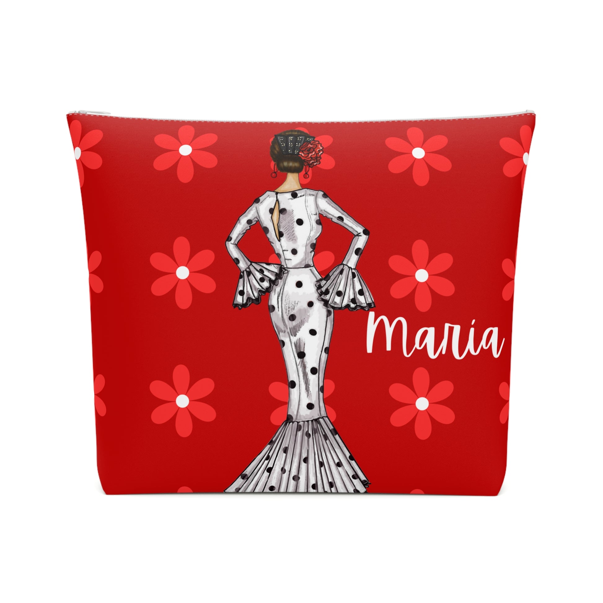 a red cosmetic bag with a dalmatian doll on it