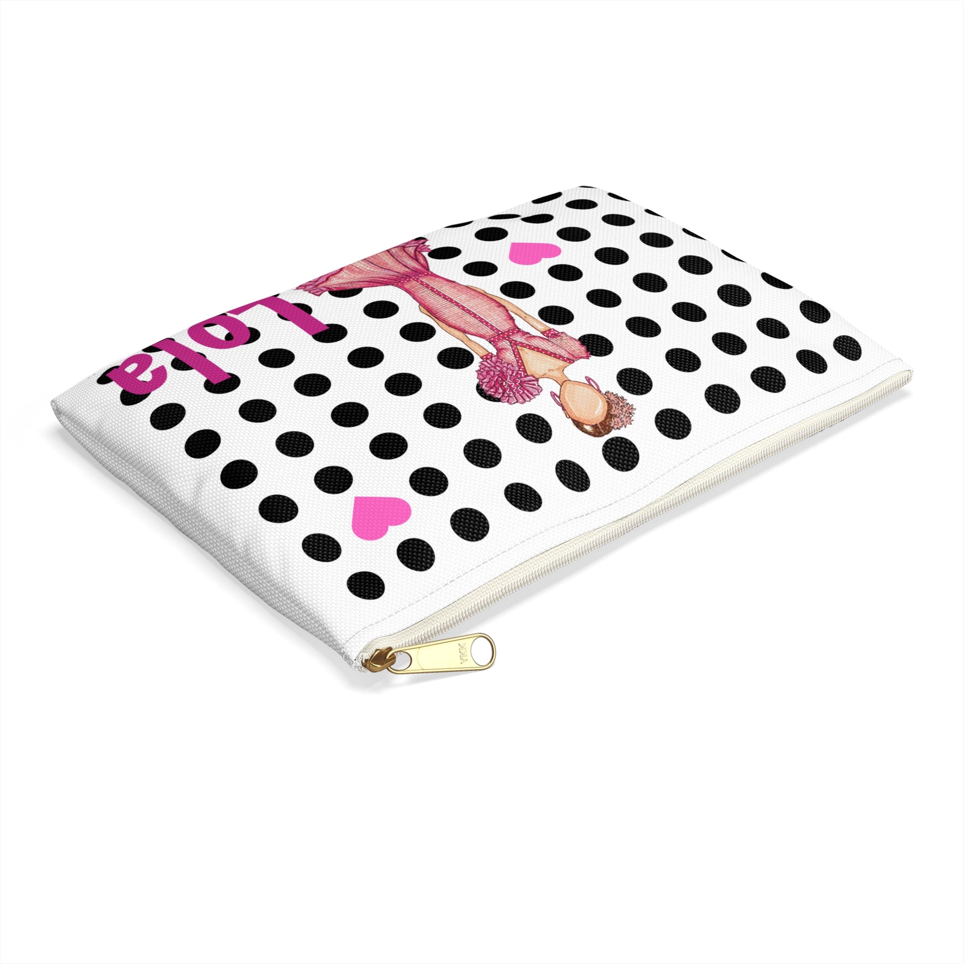 Flamenco Dancer Customizable Washbag, pink dress and pink hearts on a black polka dot design. - IllustrArte