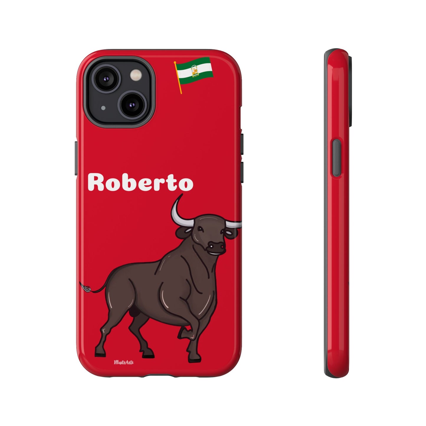 una funda de teléfono roja con un toro en ella