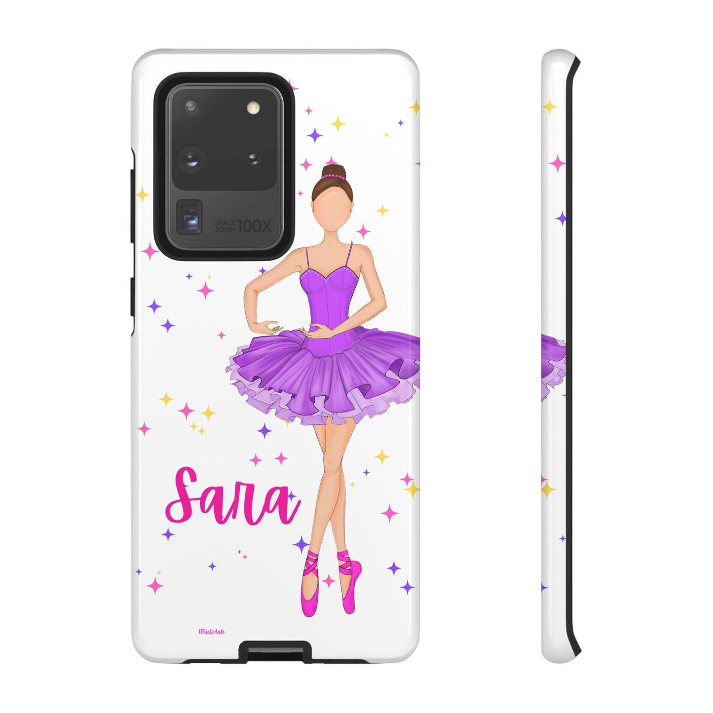 una funda de teléfono con una niña en un vestido púrpura