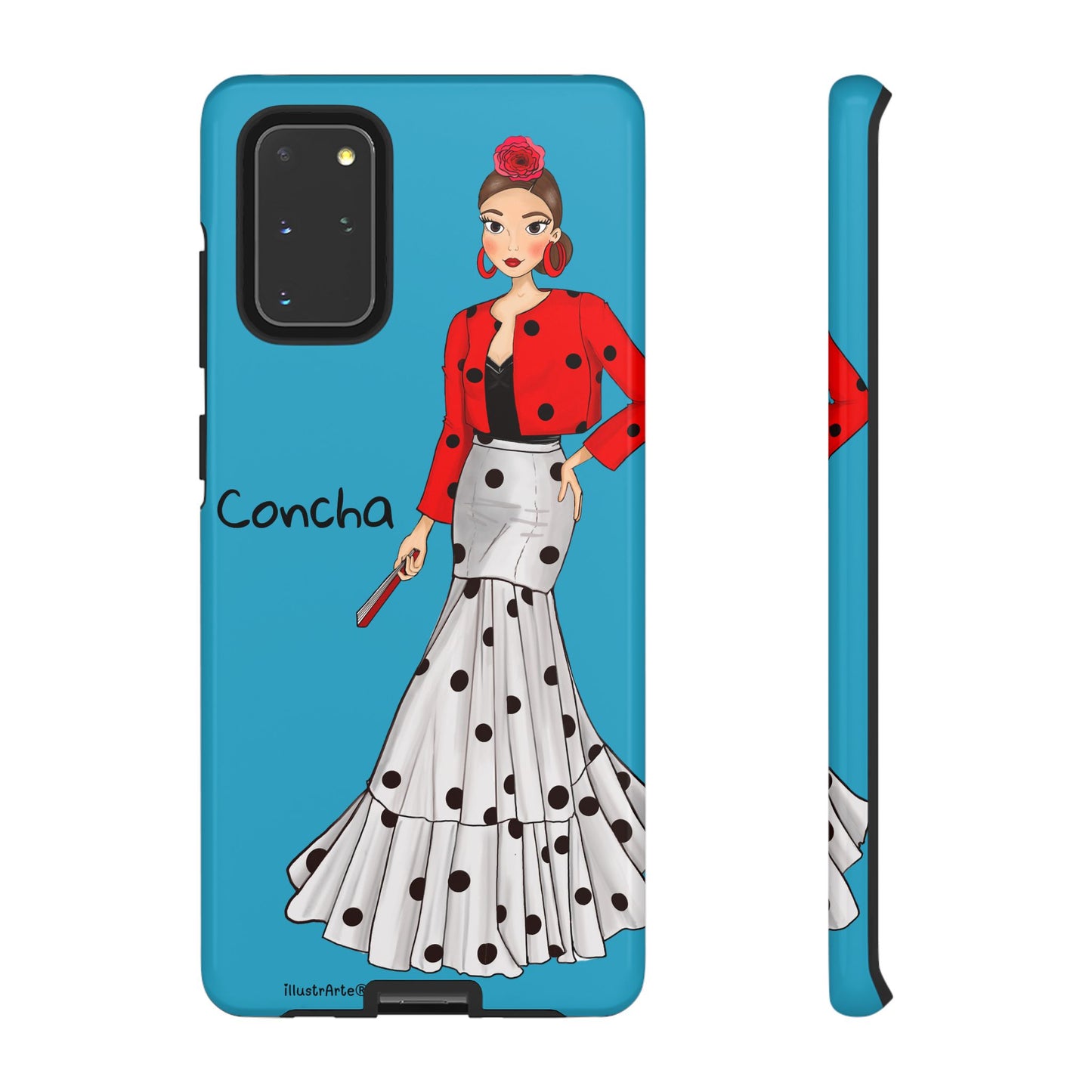 Funda de teléfono colorida, Modelo Conchita fondo azul, que combina funcionalidad y estilo.