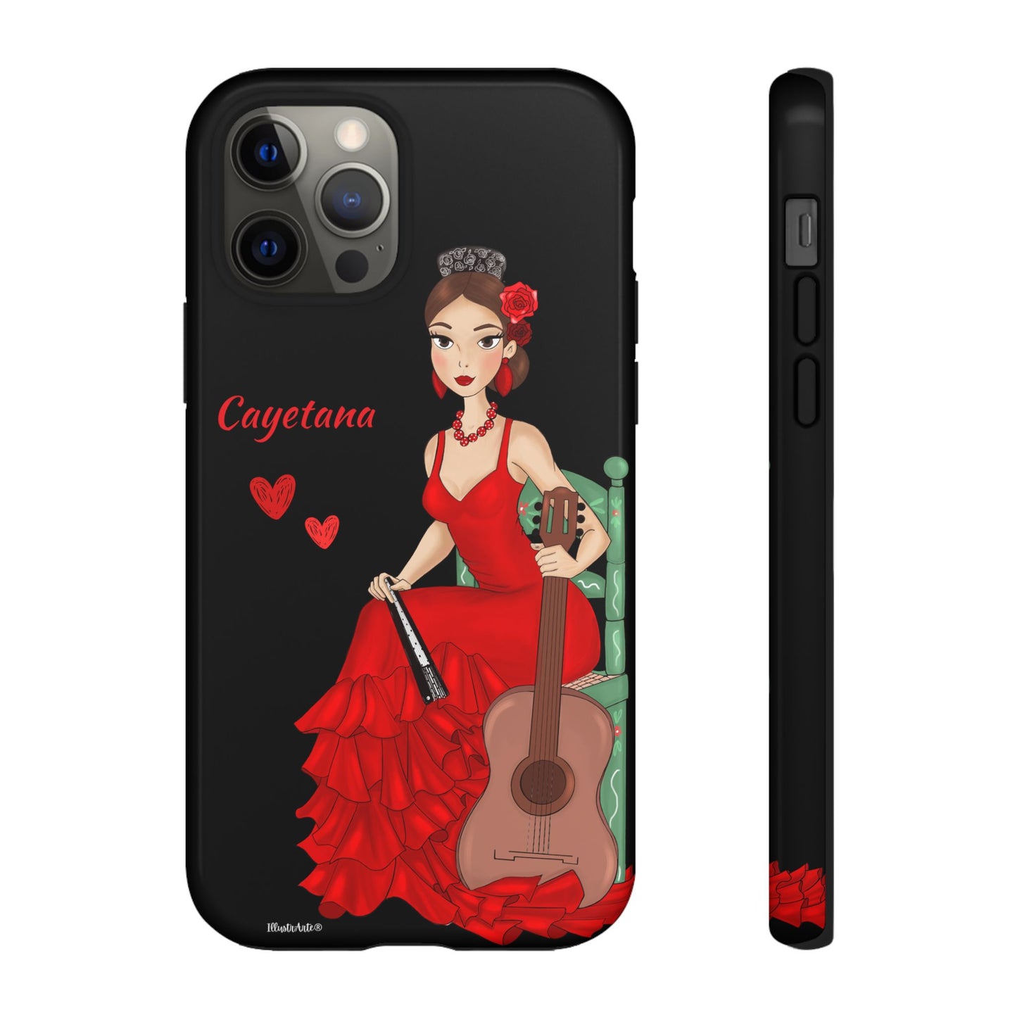 una funda de teléfono con una mujer en un vestido rojo sosteniendo una guitarra