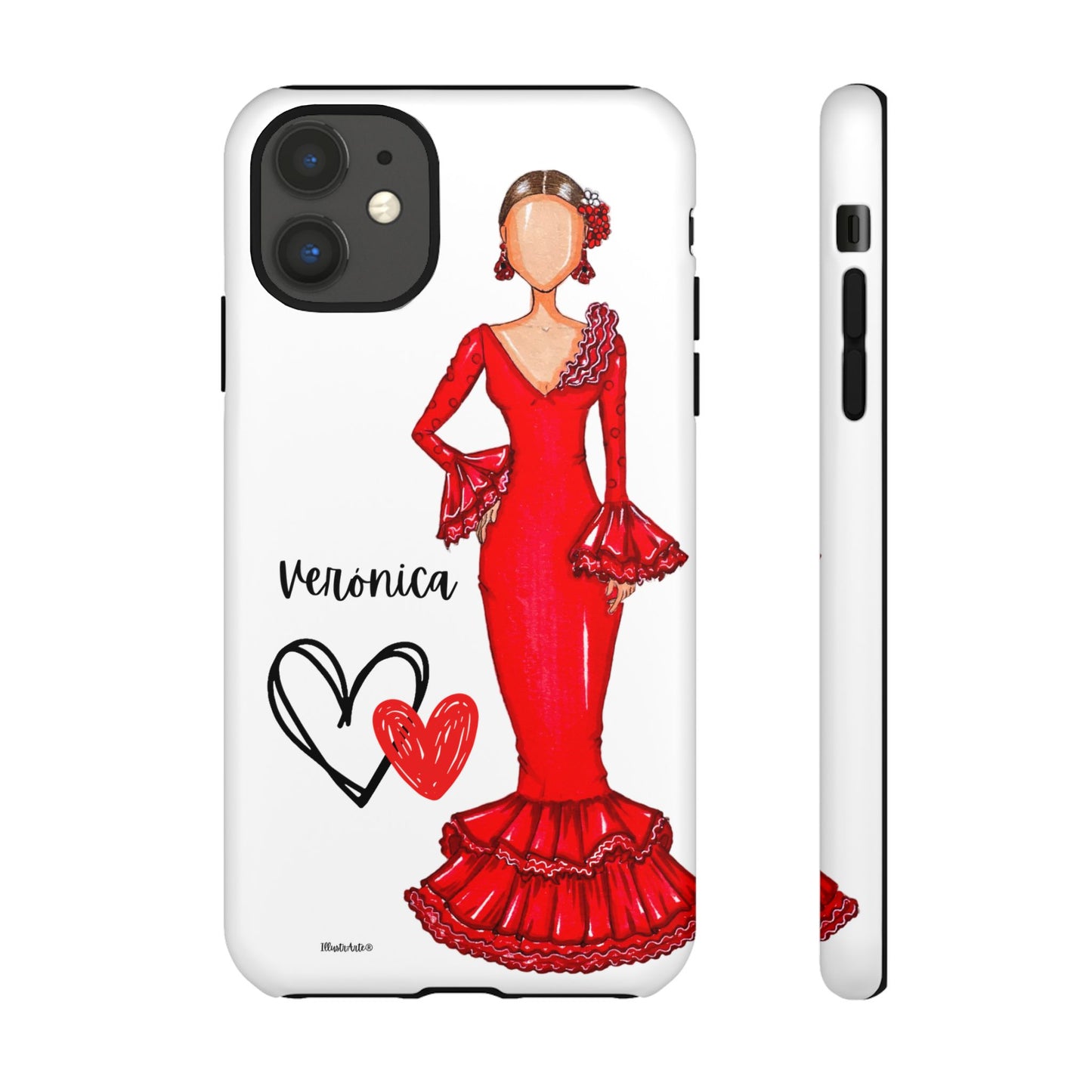 una funda de teléfono con un dibujo de una mujer en un vestido rojo