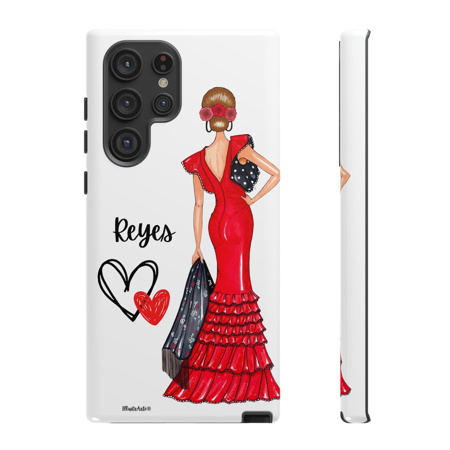 una funda de teléfono con una mujer en un vestido rojo