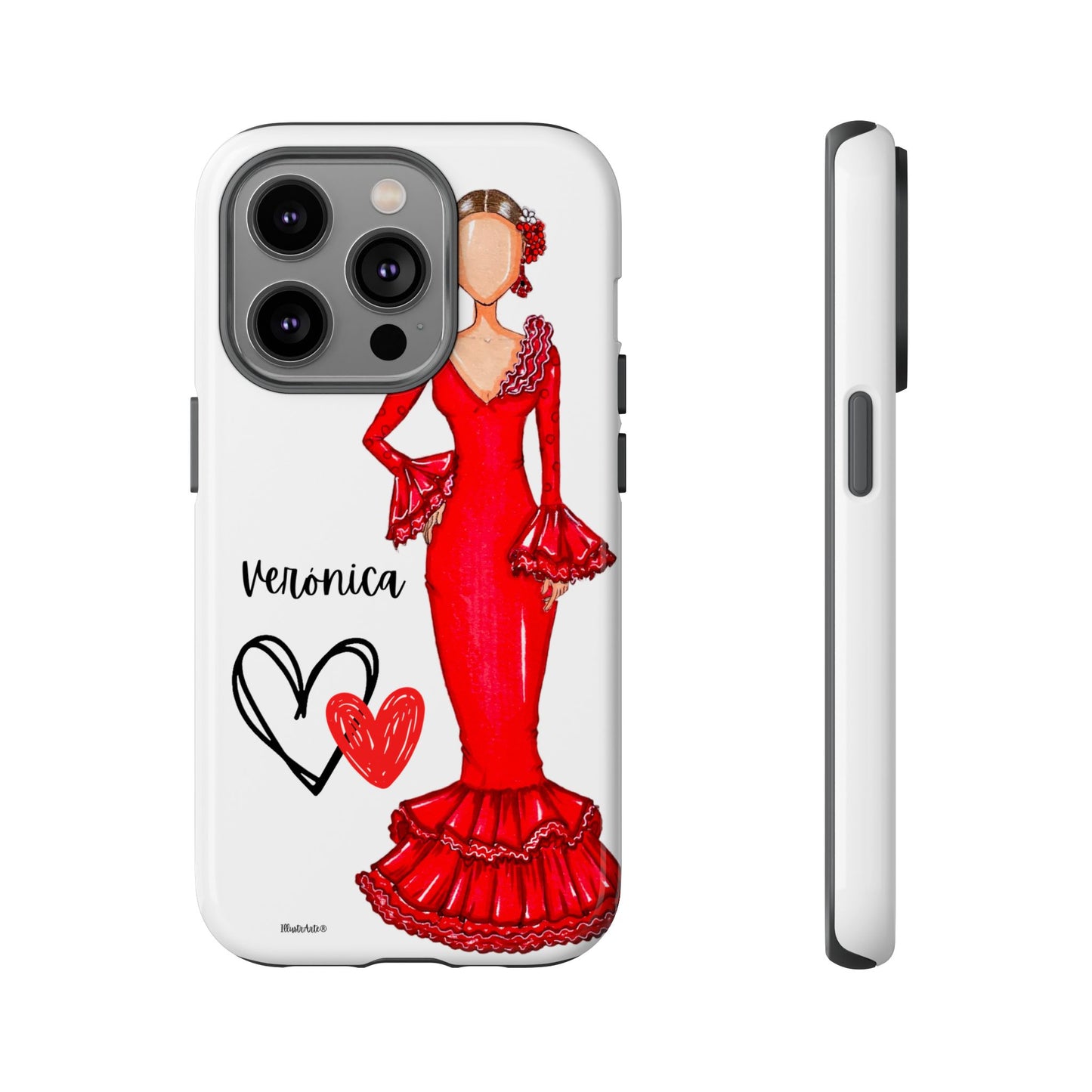 una funda de teléfono con un dibujo de una mujer en un vestido rojo