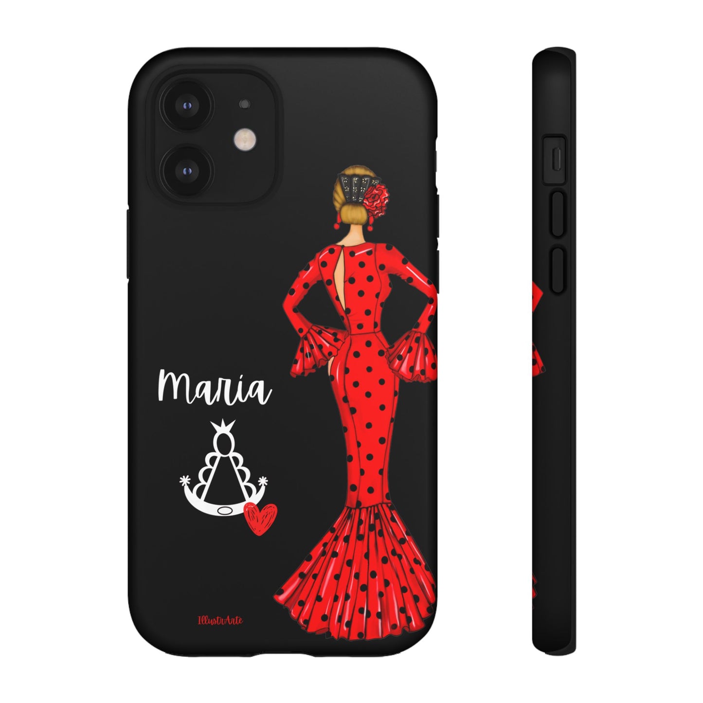 una funda de teléfono con una mujer en un vestido rojo