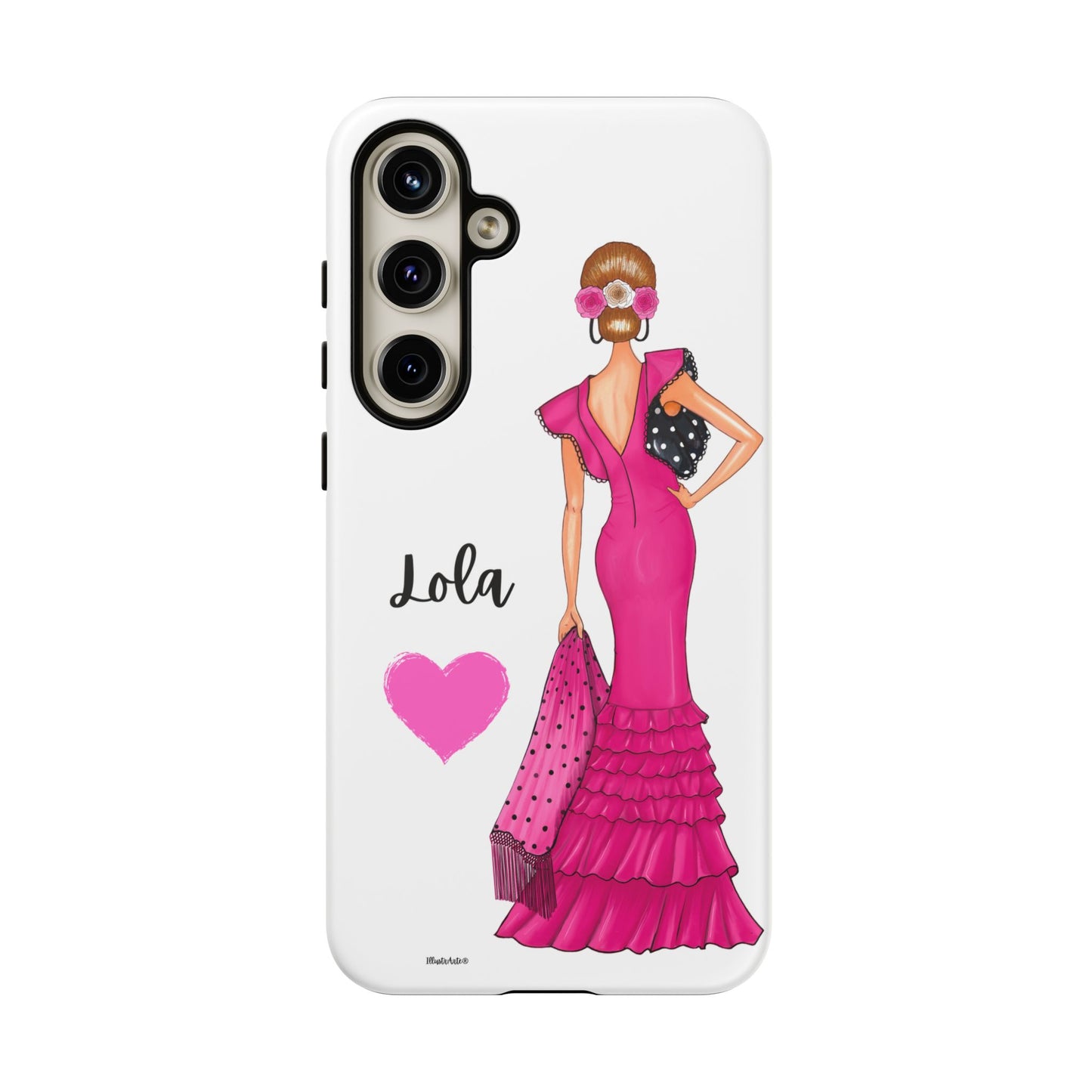 una funda para teléfono con una mujer en un vestido rosa