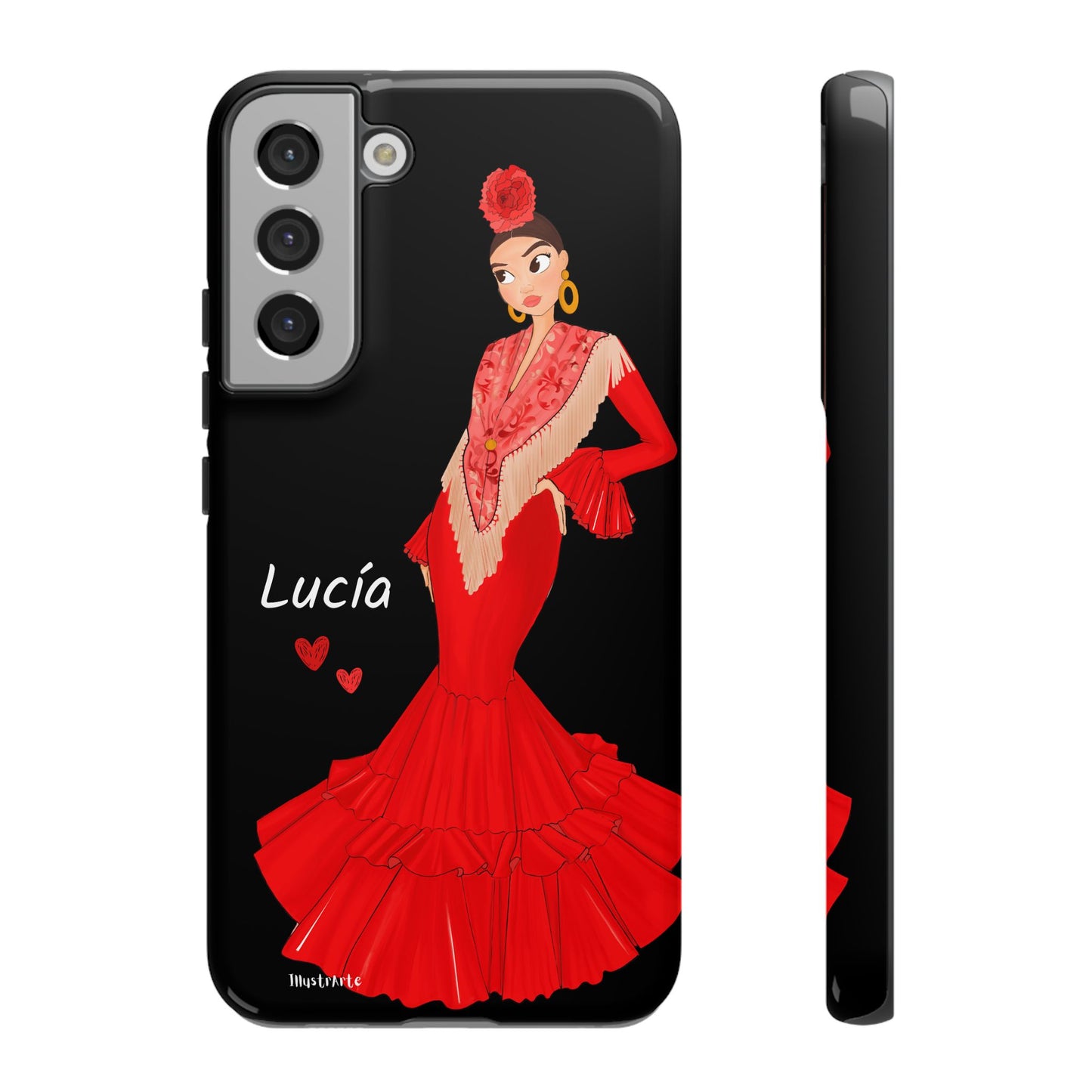 una funda de teléfono con una mujer en un vestido rojo