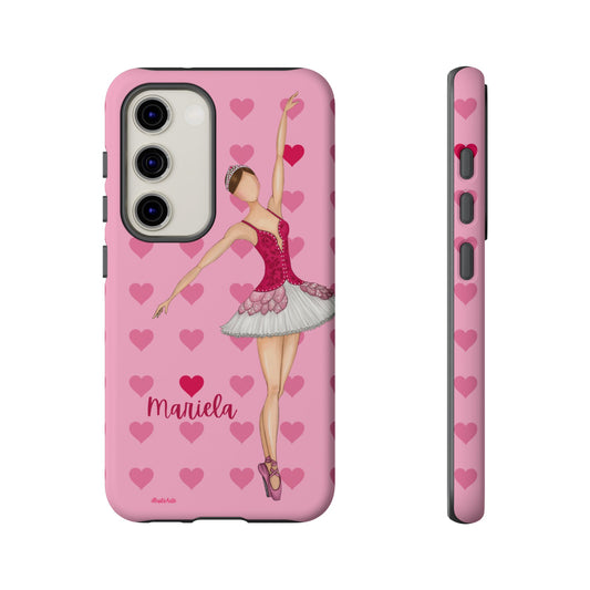 una funda de teléfono rosa con una imagen de una bailarina