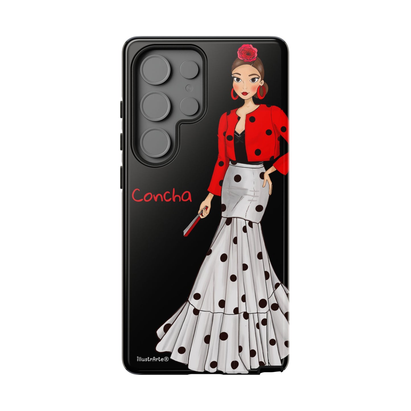 Vista de la funda de teléfono Modelo Conchita en fondo negro y detalles vibrantes.
