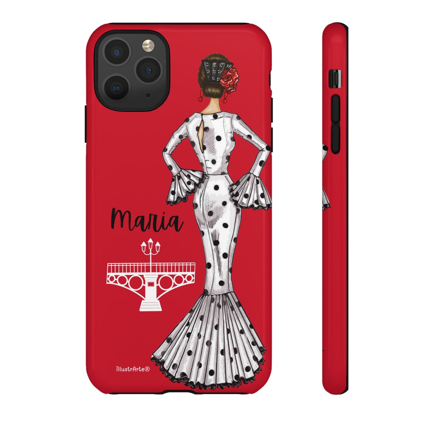 Fondo blanco con la funda de teléfono personalizable, ilustración de flamenca María con Puente de Triana, ideal para dispositivos iPhone y Samsung.