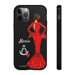 Personalised phone case flamenco dancer María, dark hair, with a little Virgin Mary for iPhone 12 Pro, gloss finish – illustrArte