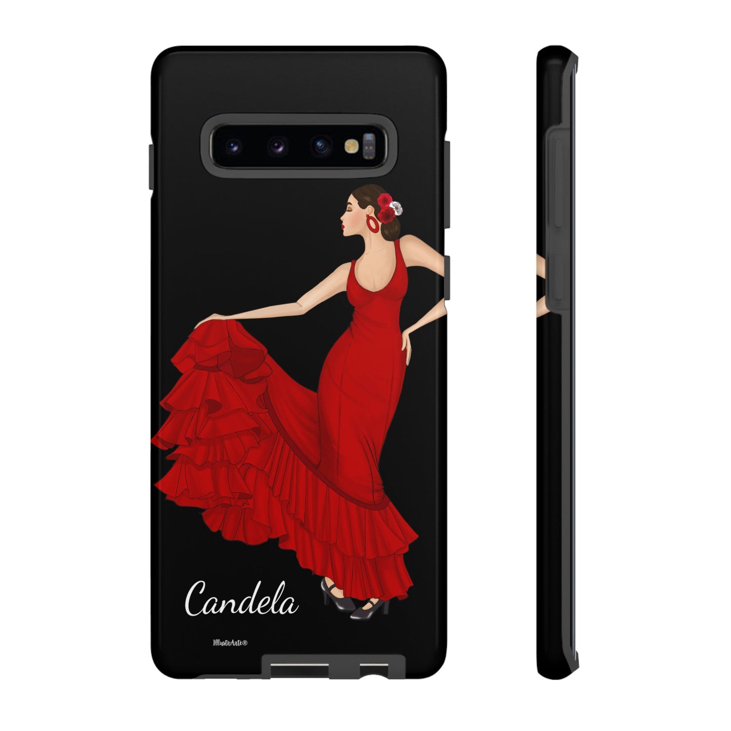 una funda de teléfono con una mujer en un vestido rojo