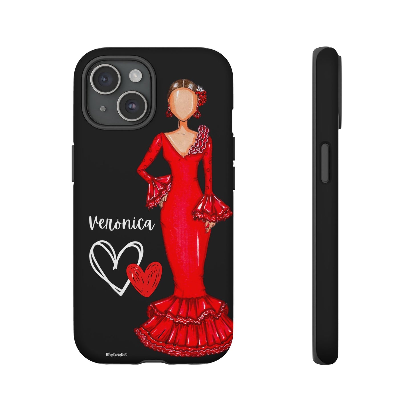 una funda de teléfono con una imagen de una mujer con un vestido rojo