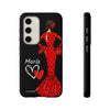 Funda de teléfono personalizable María rojo pelo oscuro fondo negro – para iPhone, Samsung, Pixel