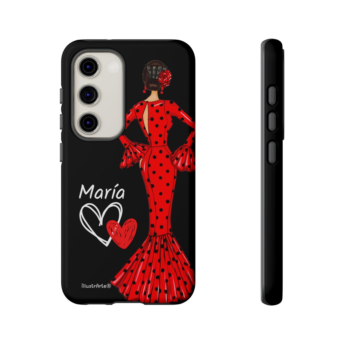 Capa de celular personalizável com nome/bandeira/Virgem - modelo Red Maria com cabelo escuro, fundo preto, para iPhone, Samsung e Google Pixel