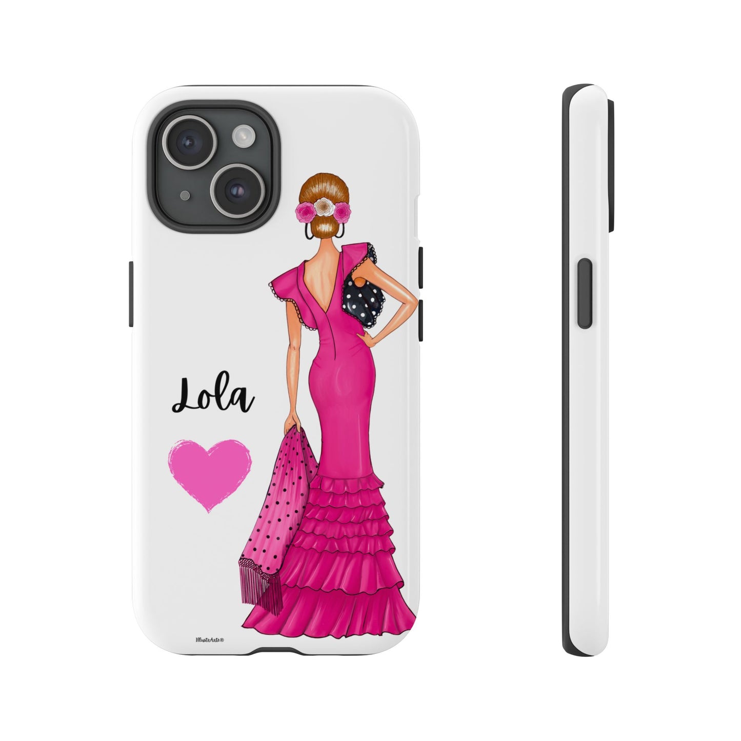 Funda de teléfono personalizable con nombre/bandera/Virgen - Modelo Manuela vestido rosa como una opción moderna.