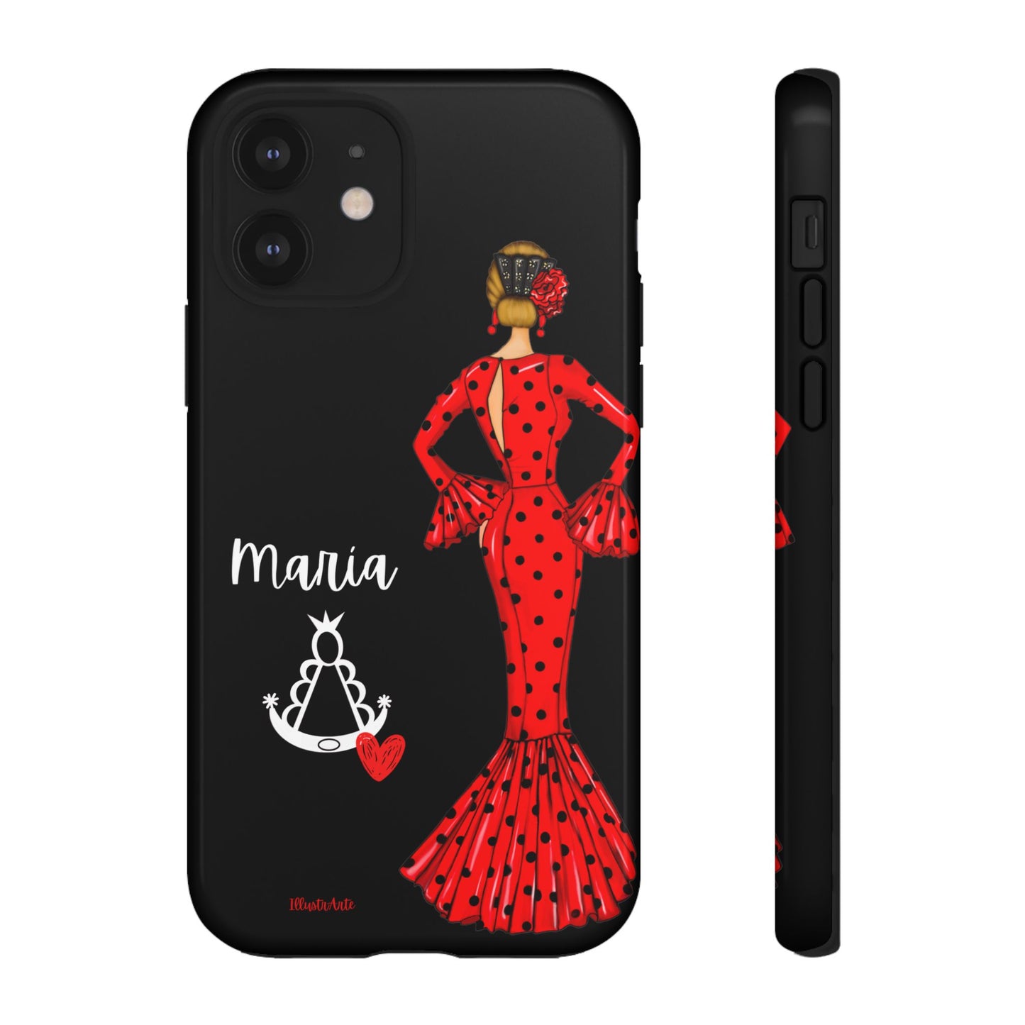 una funda de teléfono con una mujer en un vestido rojo